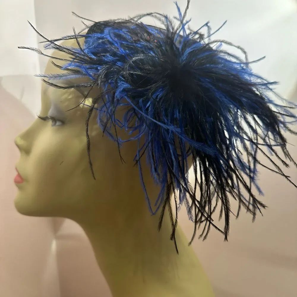 Taissa Lada Handmade Feather Fascinator Maribou Satin Lace Blue Black